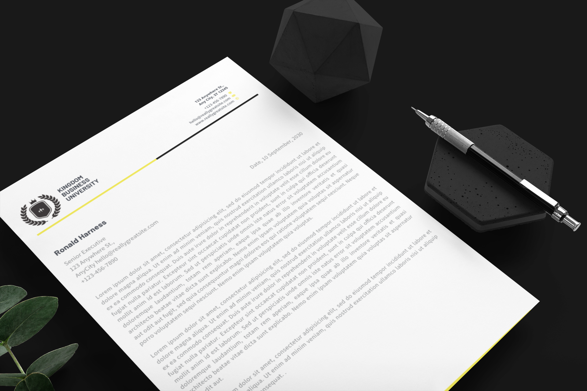 Kingdom Business University letterhead application mockup from the brand guidelines