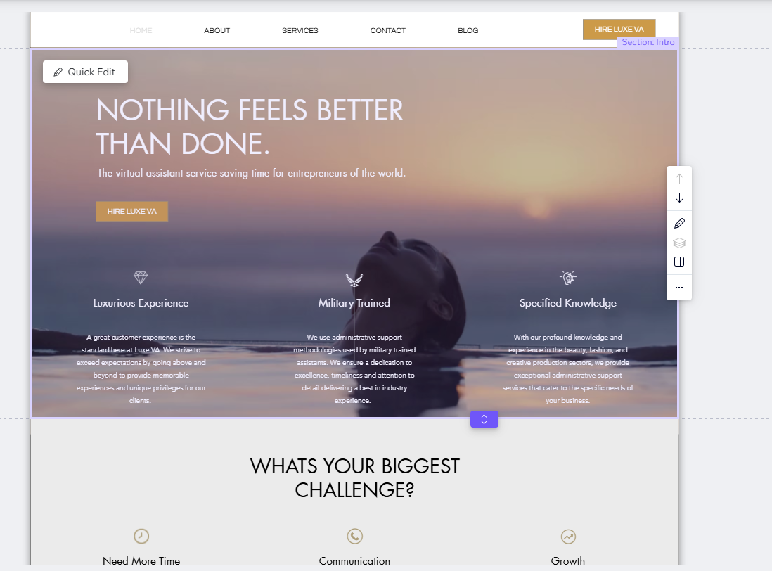 Luxe VA homepage hero with sunset imagery and service advantages